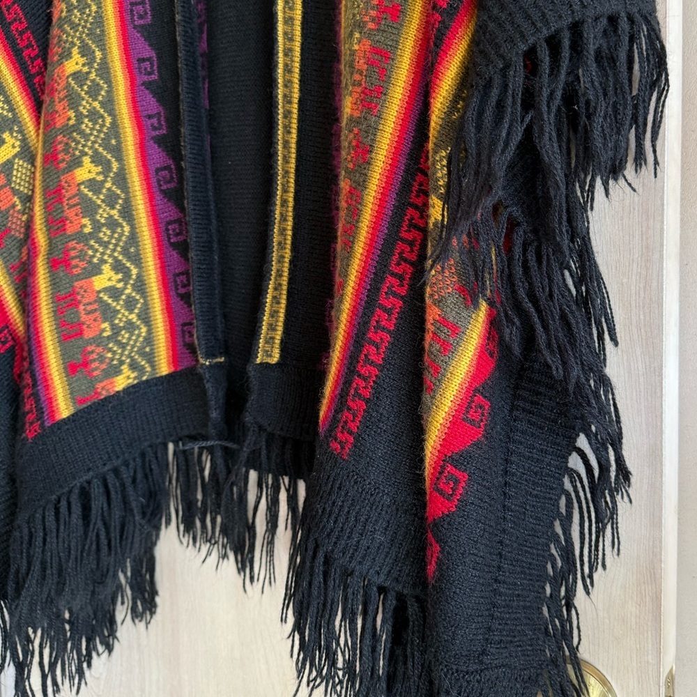 Alpaca Connection Alpaca Wool Ruana Wrap Peru Black Multicolor Unisex OS - Picture 6 of 13